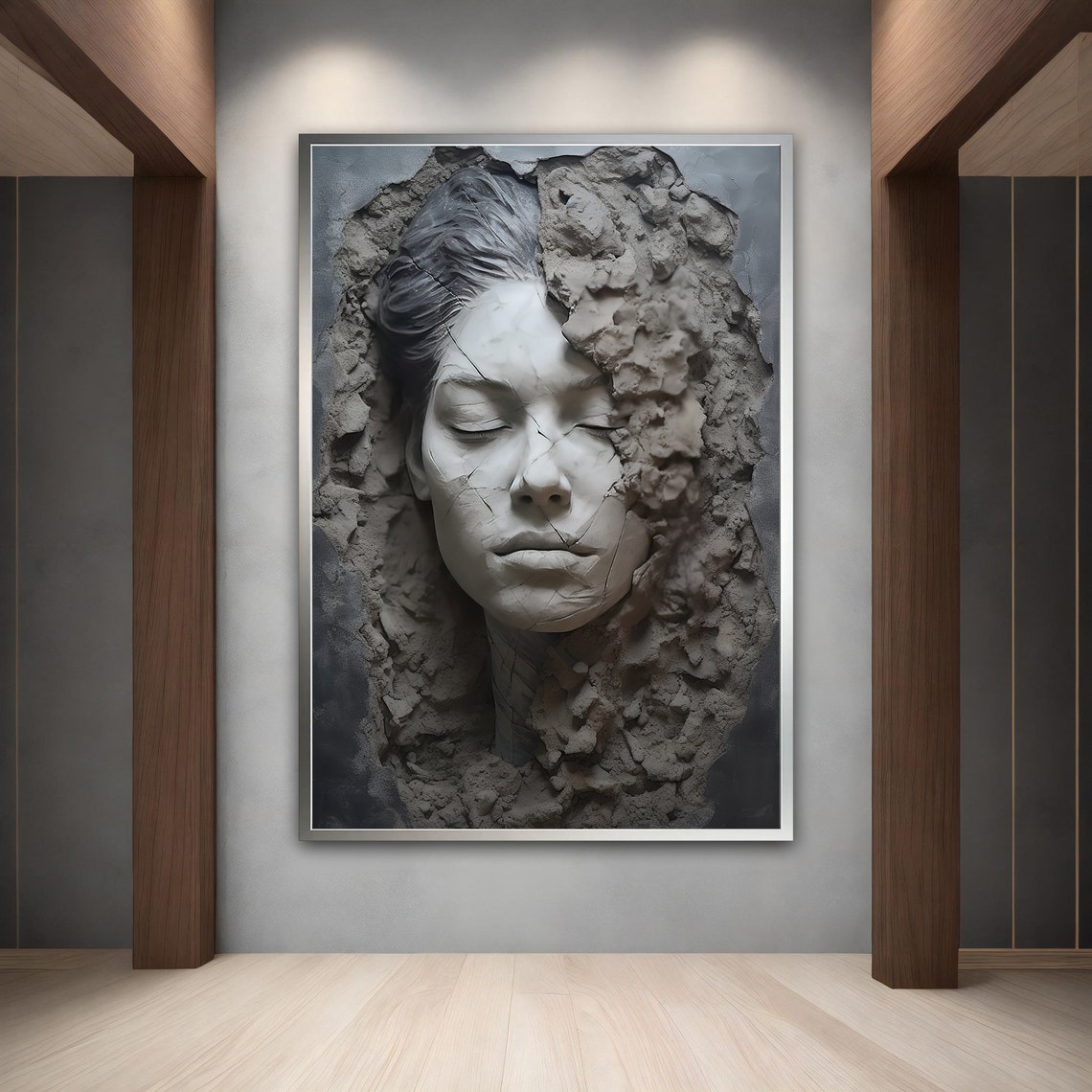 3D Plaster Woman Face Emerging Cracked Concrete Sculpture Art Poster - Image 4