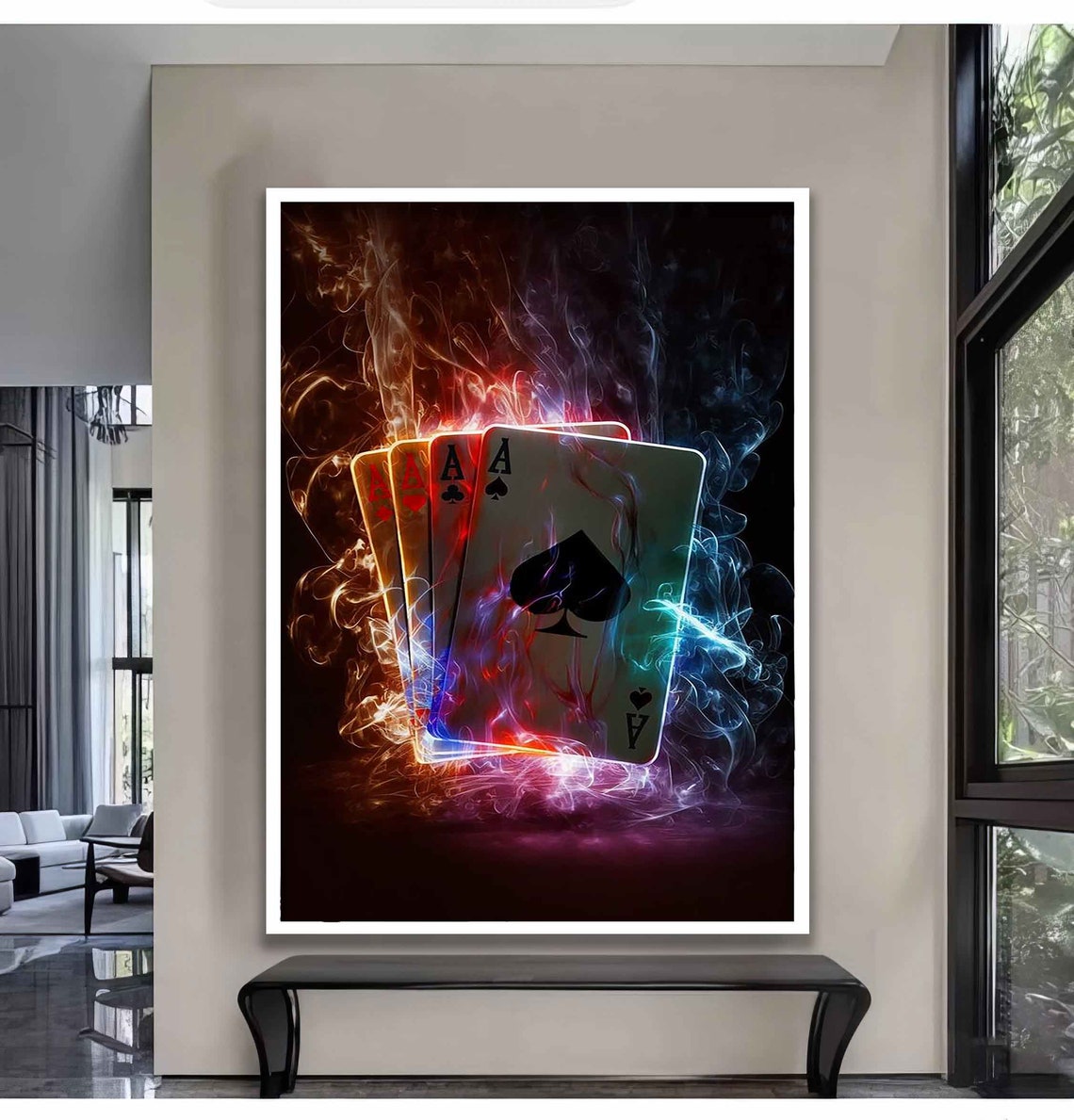 Four Aces Playing Cards With Neon Fire Smoke On Black Art Poster - Image 3
