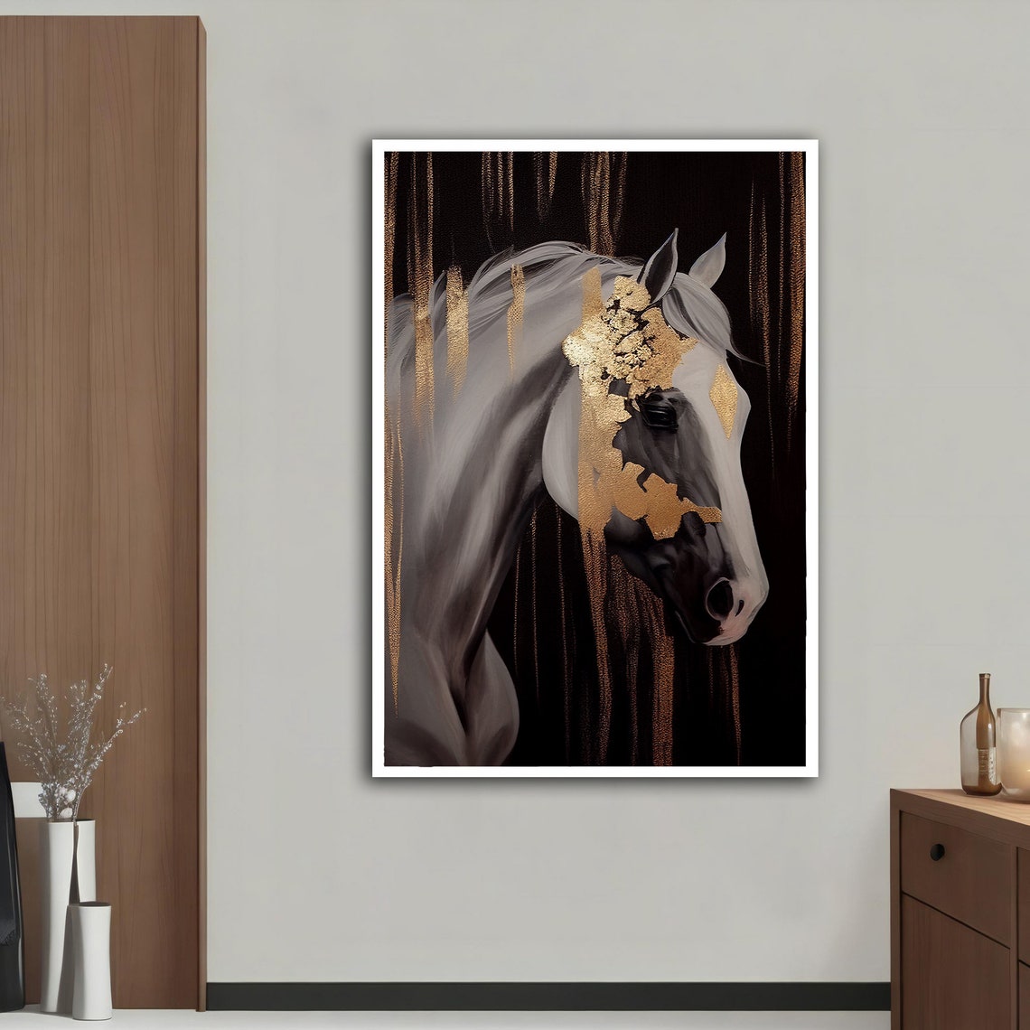 White Horse Gold Leaf Portrait Black Background Luxury Art Print - Image 2