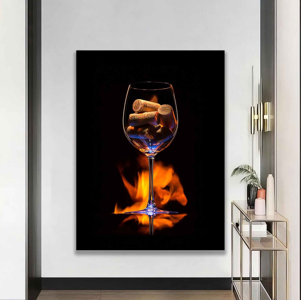 Wine Glass Filled With Corks Over Flames Dramatic Photo Art Poster - Image 5