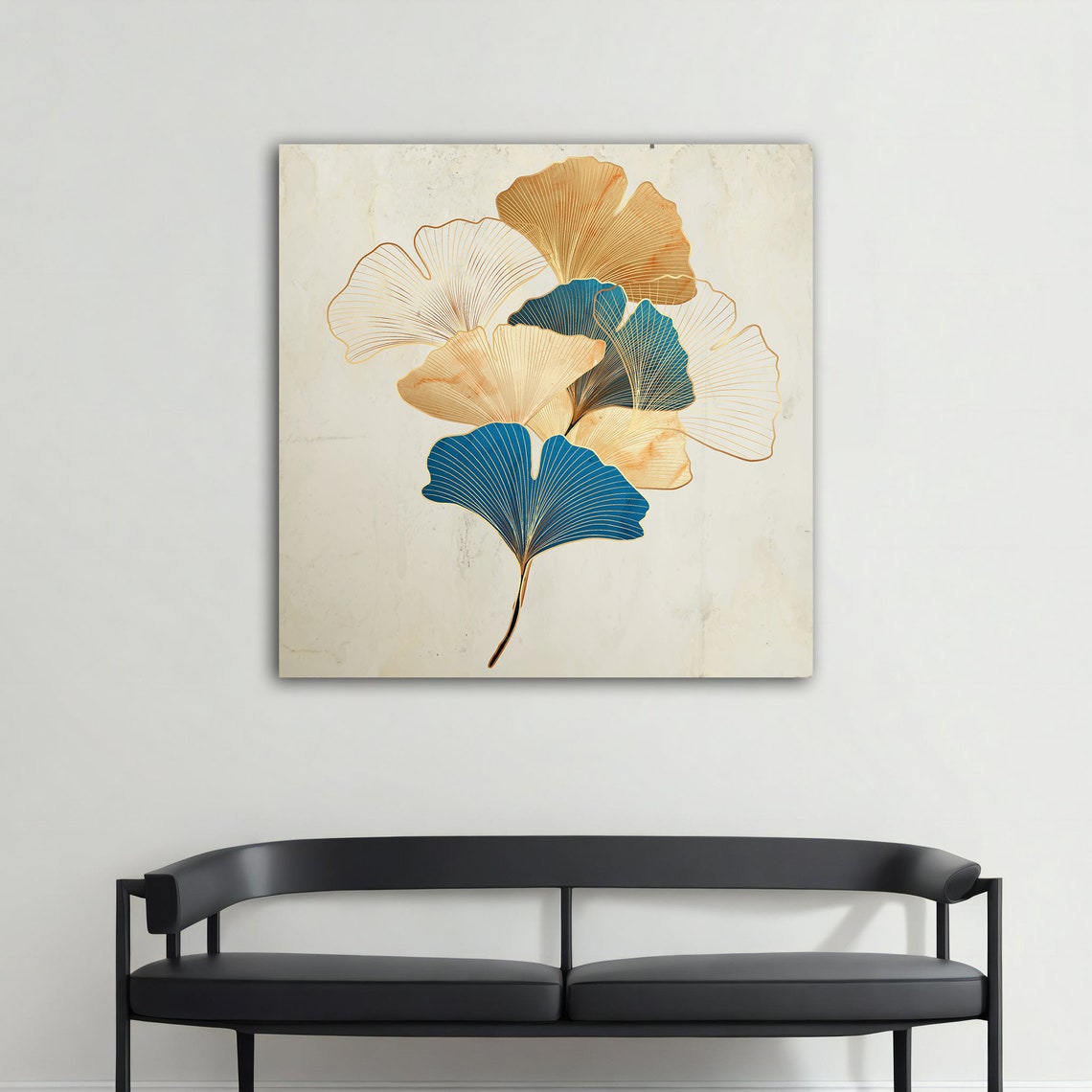 Blue and Gold Ginkgo Leaves Line Art Elegant Botanical Wall Poster - Image 4