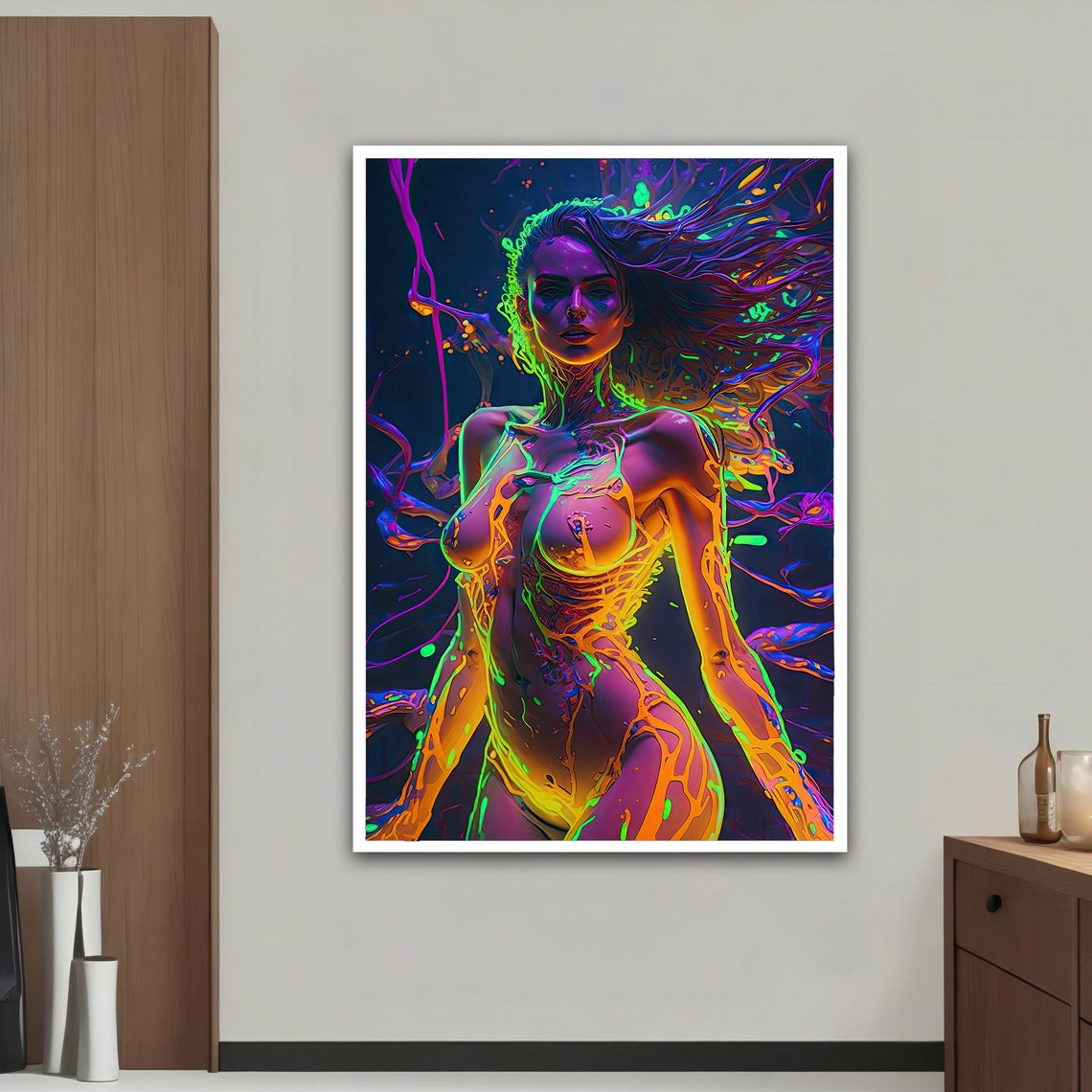 Neon Paint Woman Flowing Hair Glowing Abstract Art Print Poster - Image 4