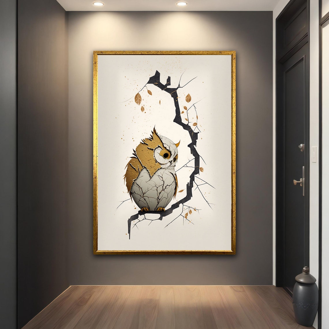 Cute Owl on Twisted Branch Minimalist Golden Leaf Wall Art Print - Image 4