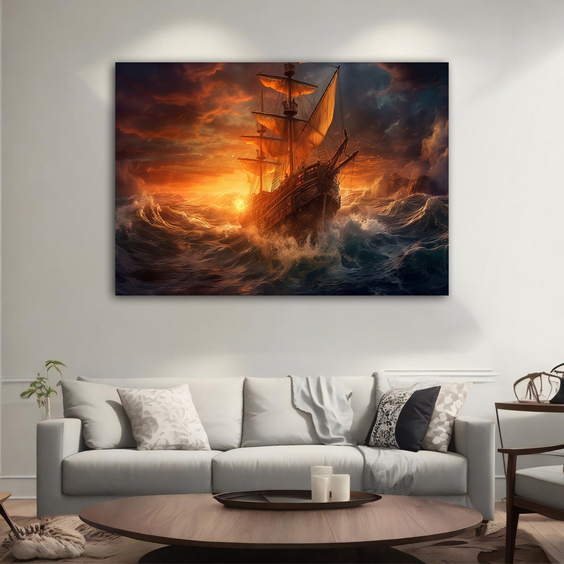 Tall Ship Stormy Ocean Waves Golden Sunset Epic Maritime Art Poster - Image 4