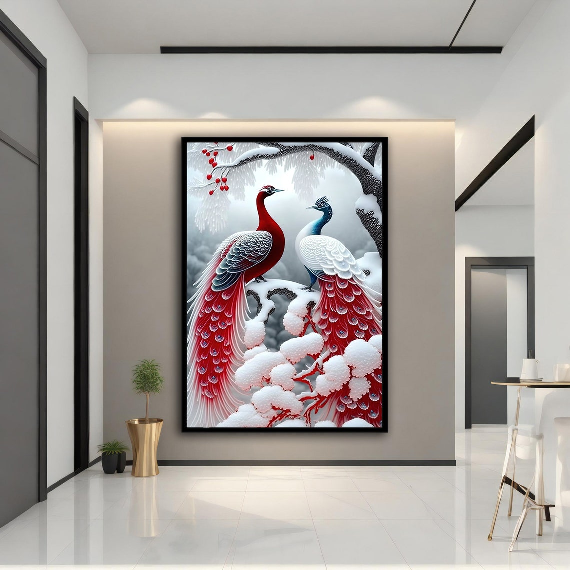 Red White Peacocks Snow Winter Branch Elegant Wall Art Poster - Image 3