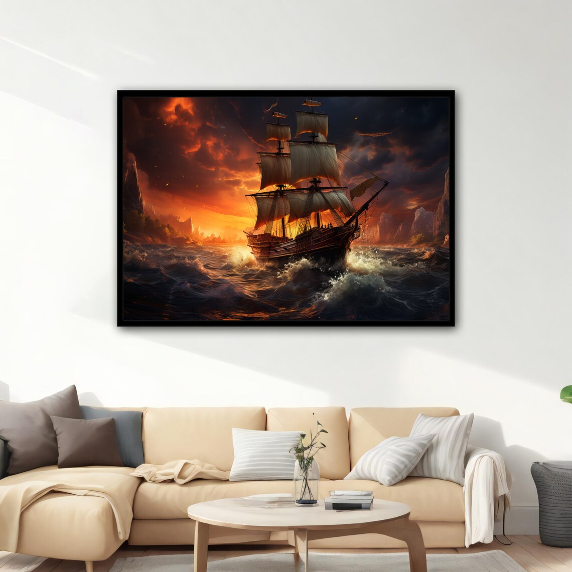 Tall Ship Sailing Stormy Sea Dramatic Sunset Nautical Art Poster - Image 3