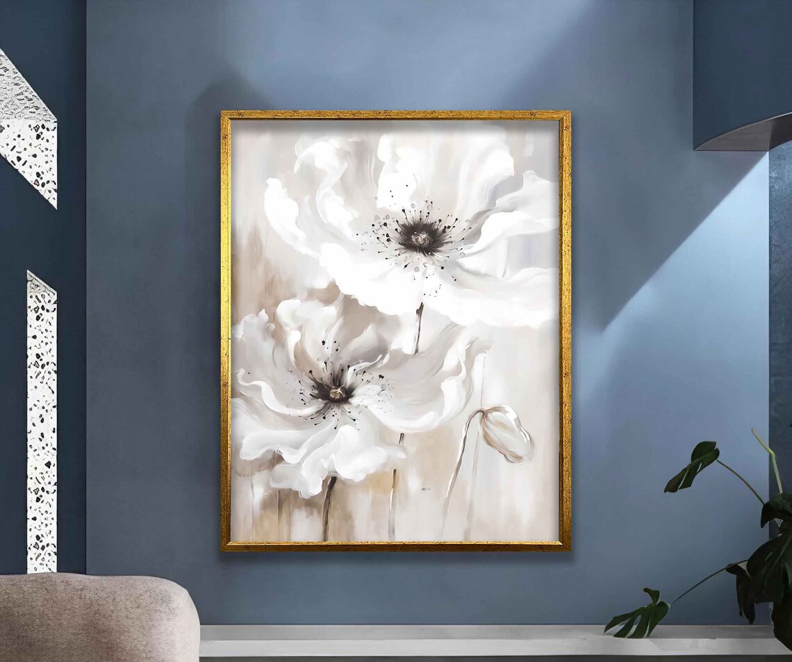 White Poppies Watercolor Flowers On Neutral Beige Art Poster - Image 3