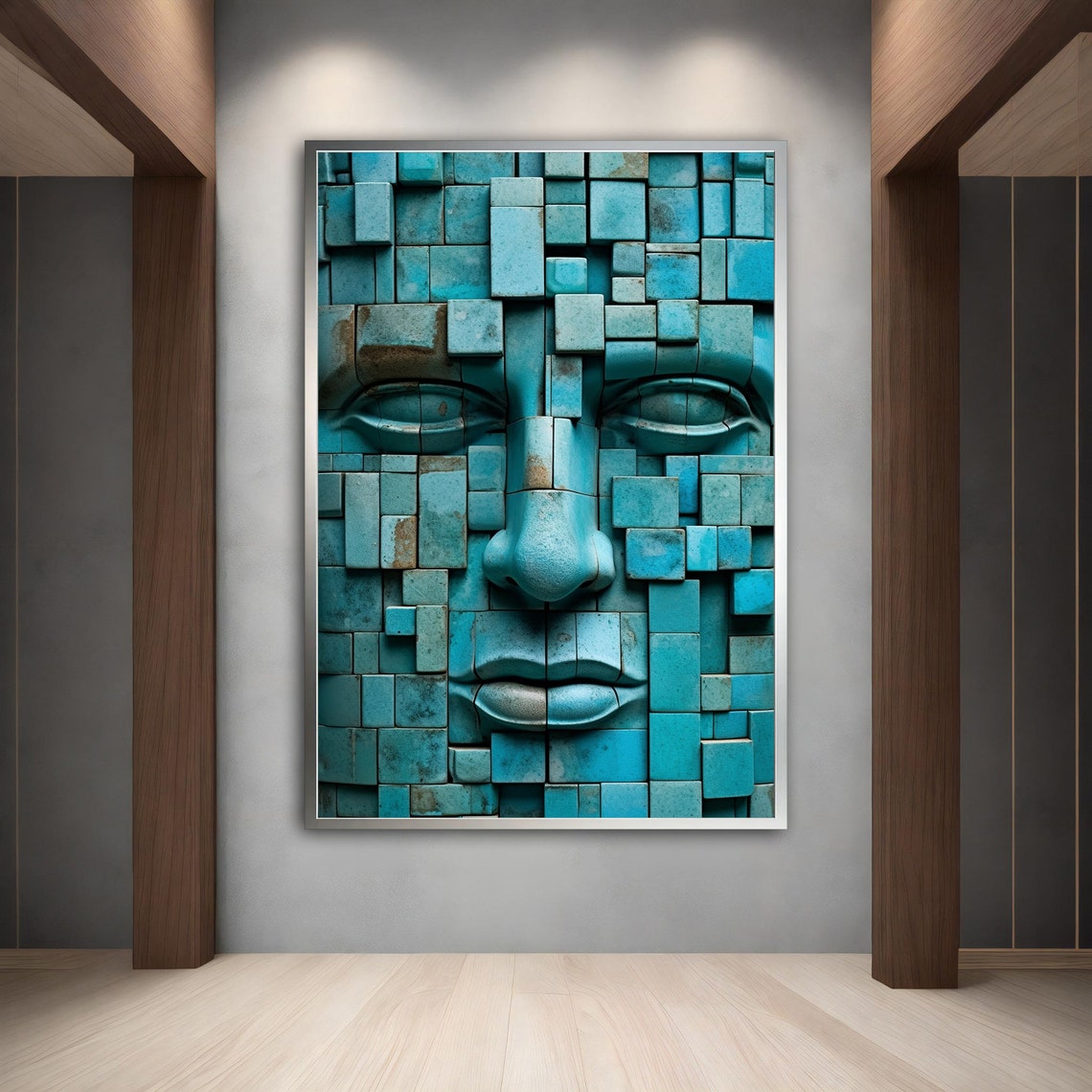 Turquoise Mosaic Face Cube 3D Block Texture Modern Abstract Art Poster - Image 5