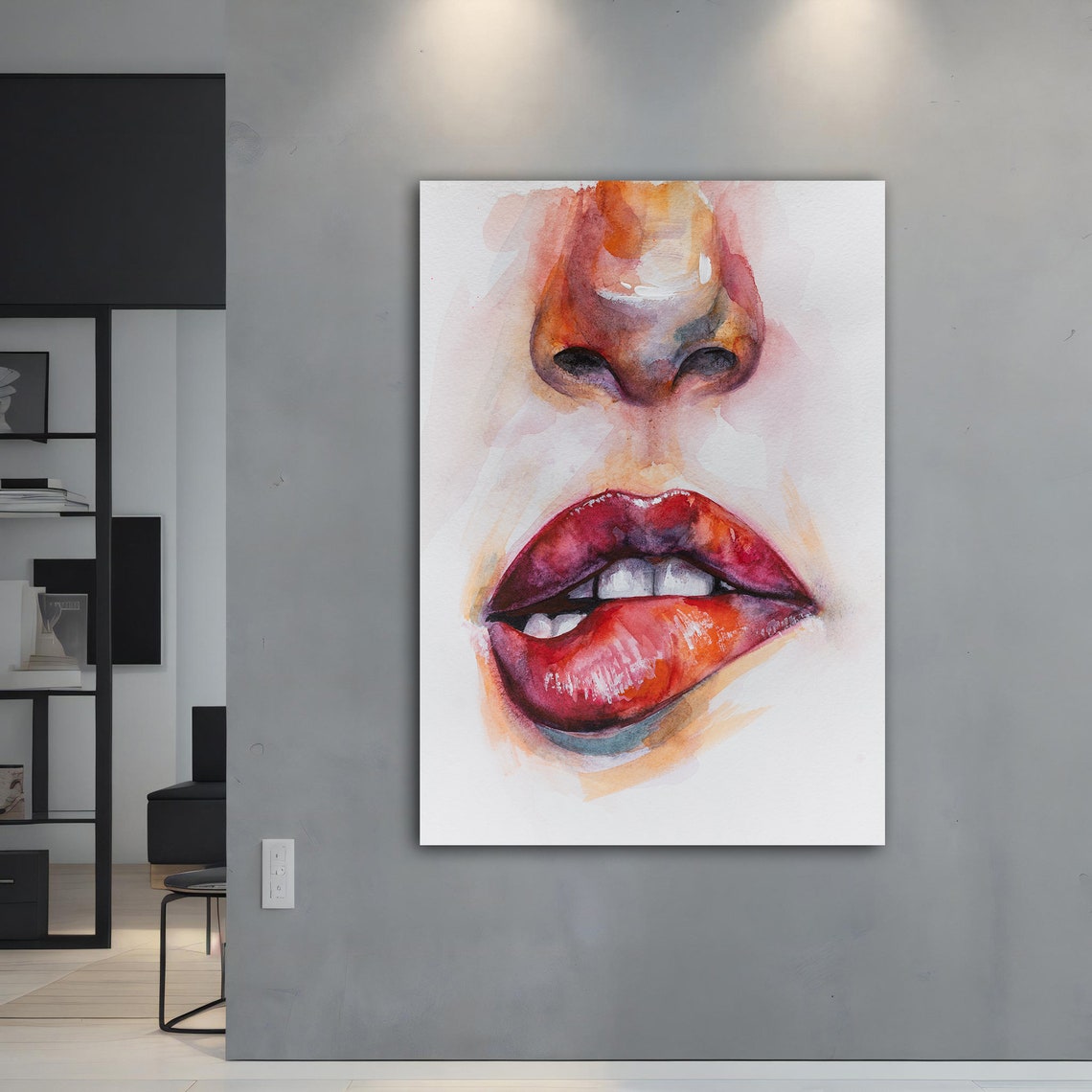 Watercolor Red Lips Close Up Woman Face Beauty Art Print Poster