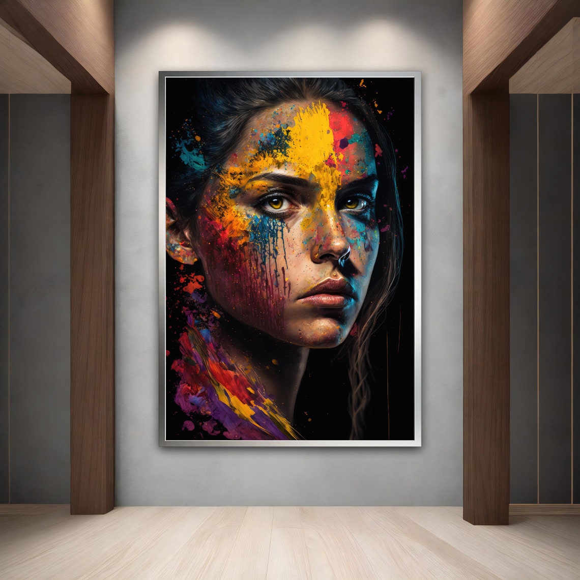 Paint Splash Woman Face Colorful Drips Black Background Art Poster - Image 3