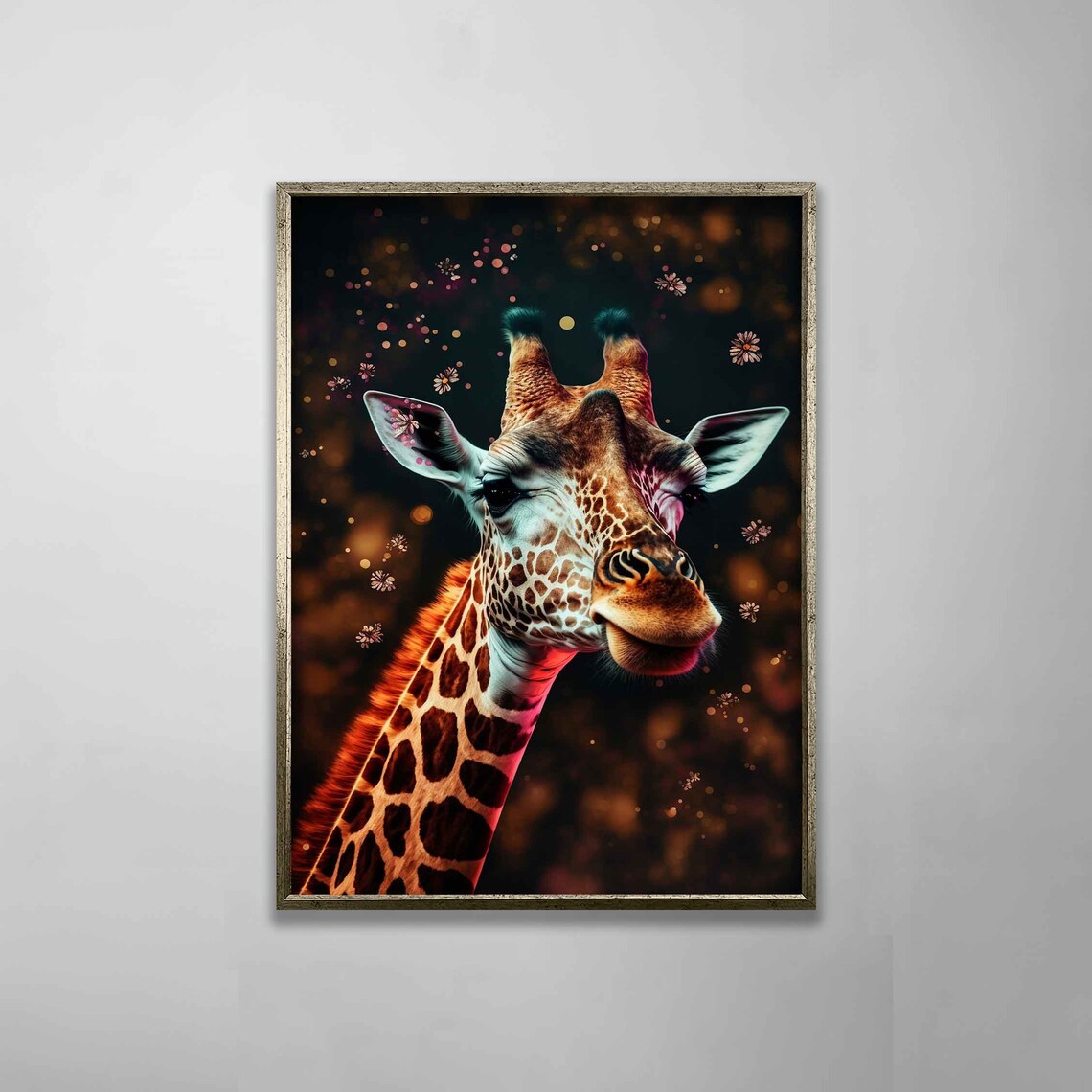 Giraffe Portrait Dark Background Golden Bokeh Wildlife Animal Art Poster - Image 3