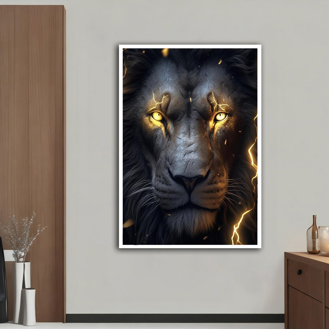 Black Lion Golden Lightning Eyes Fierce Portrait Dramatic Wall Art Poster - Image 3