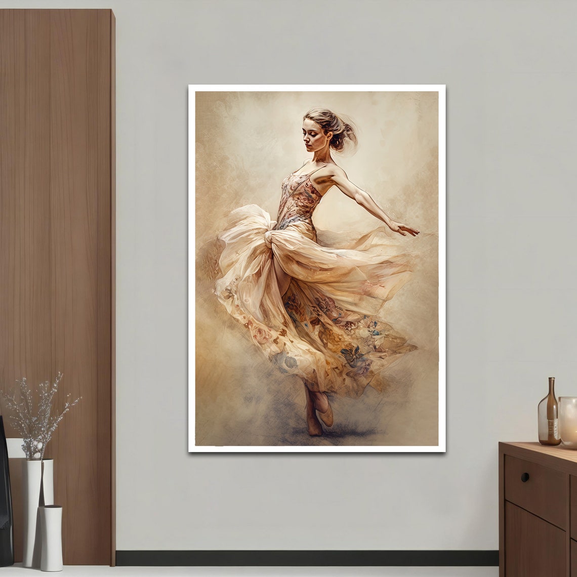 Lyrical Dancer Flowing Cream Dress Soft Watercolor Art Print Poster - Image 2