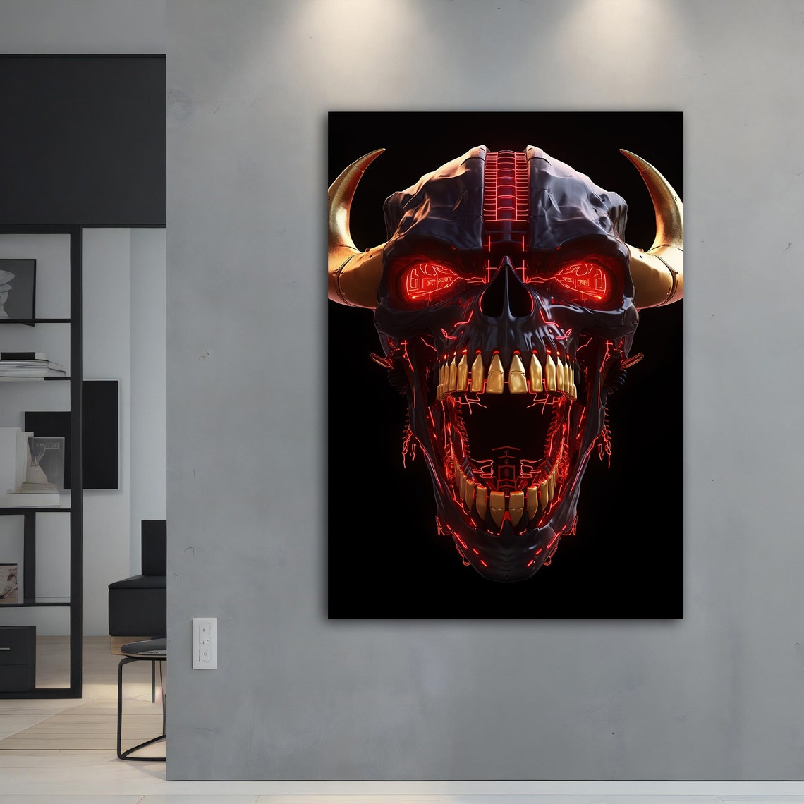 Demon Skull Red Glowing Eyes Horns Gold Teeth Dark Fantasy Art Poster - Image 4