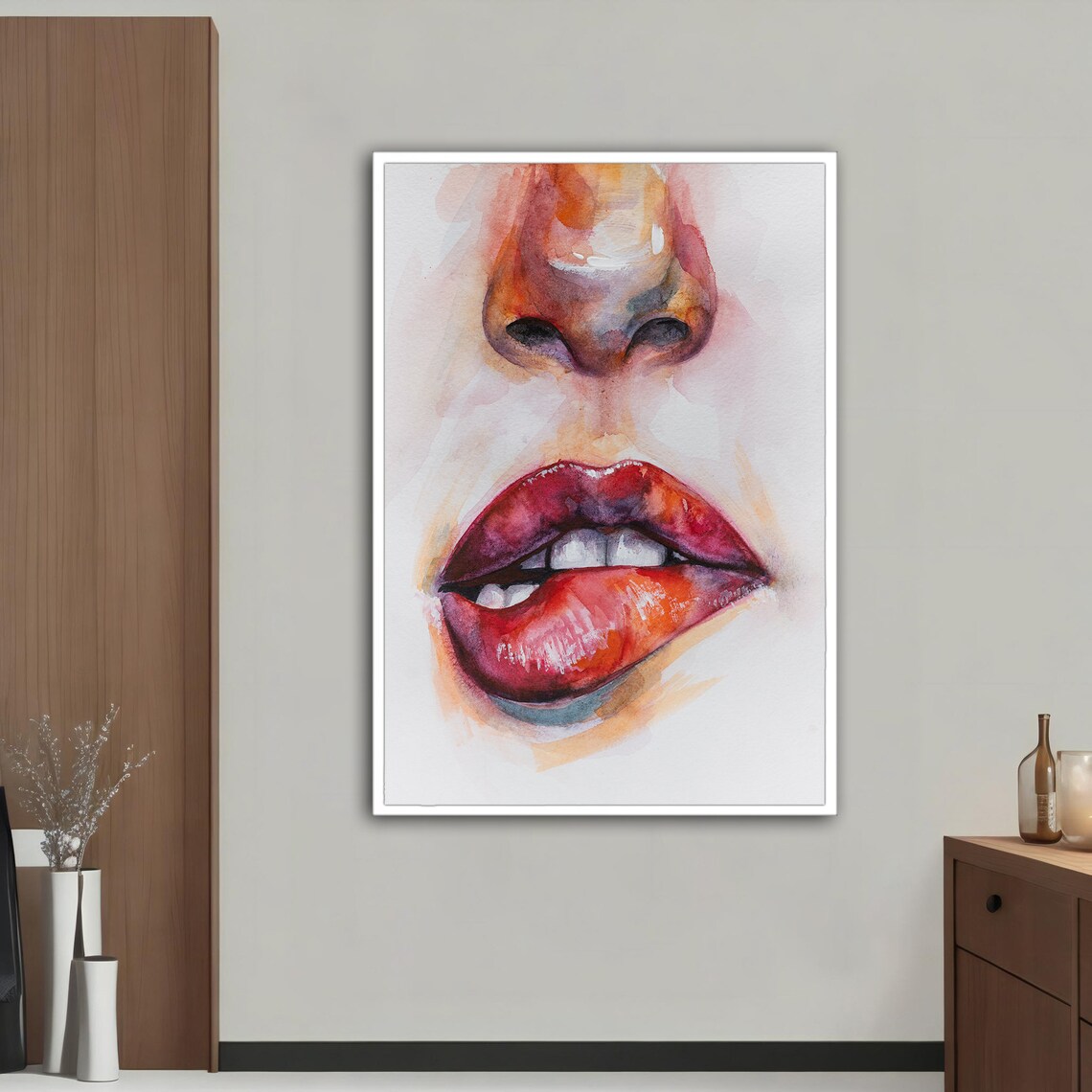 Watercolor Red Lips Close Up Woman Face Beauty Art Print Poster - Image 4