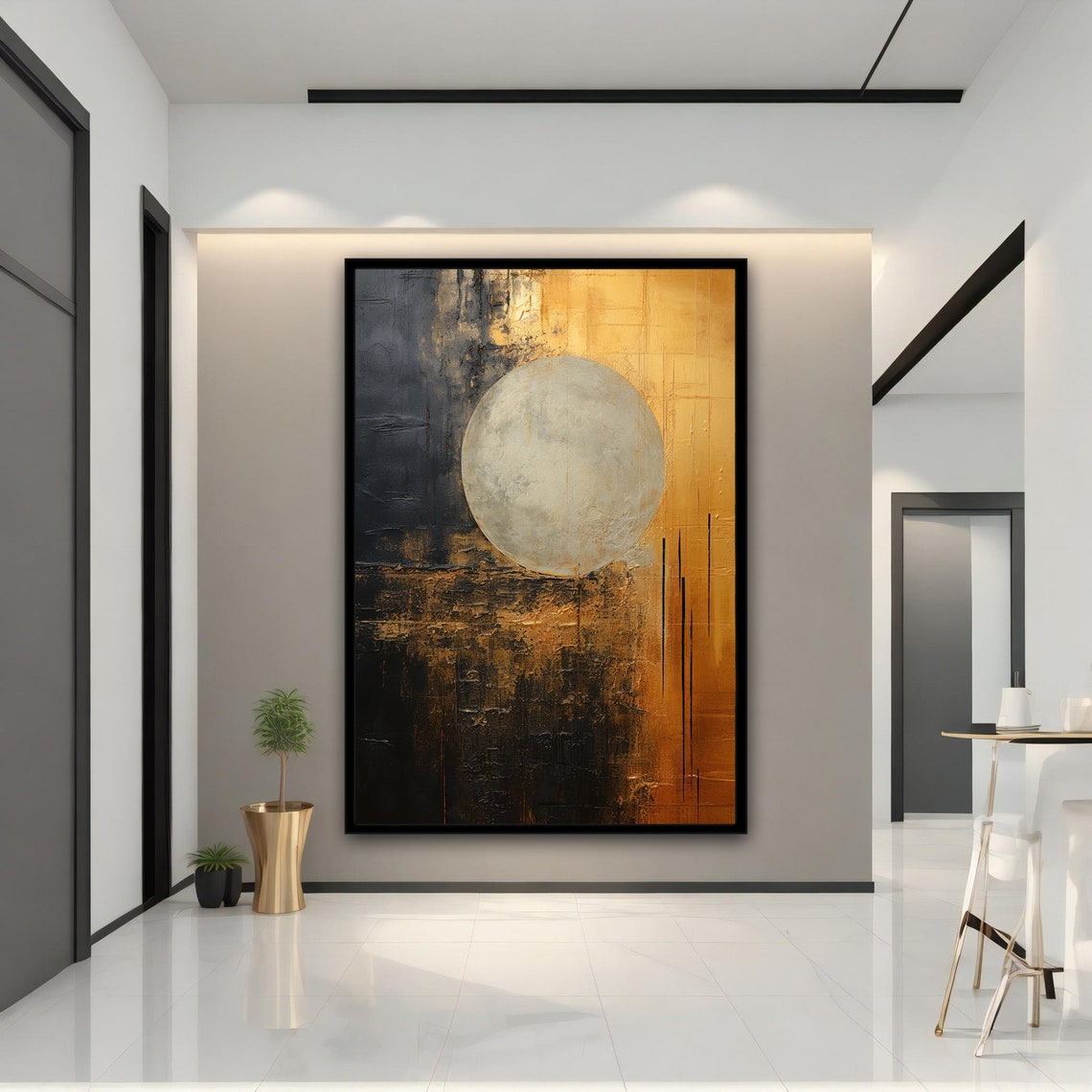 Black And Gold Abstract Painting With Large Moon Sphere Wall Art