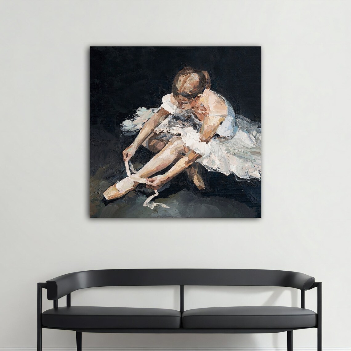 Ballerina Tying Pointe Shoe White Tutu Oil Painting Dance Art Poster - Image 4