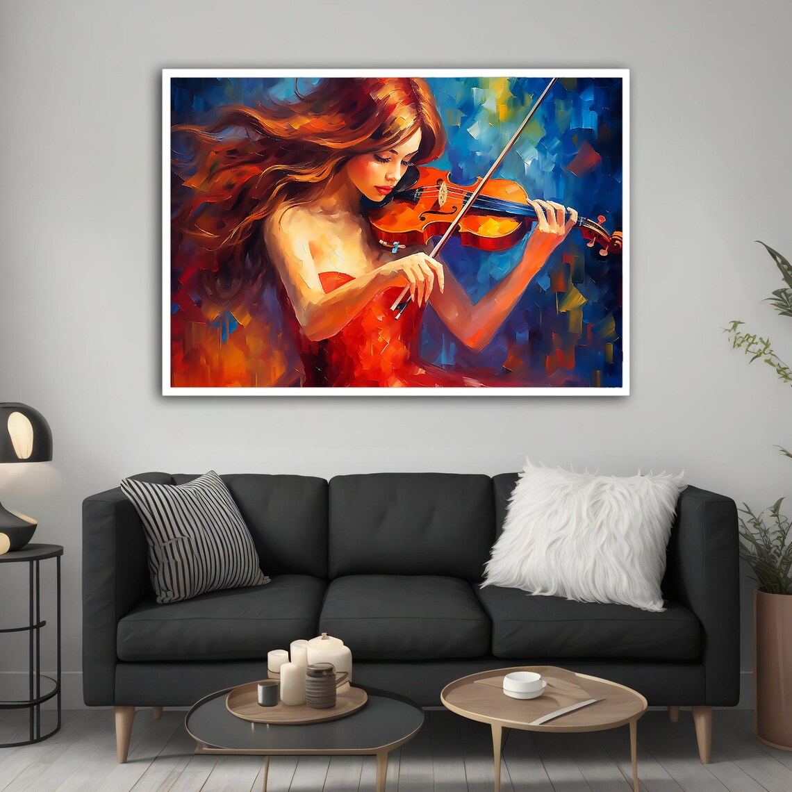 Violinist Woman in Red Dress Oil Painting Blue Musical Art Poster - Image 5