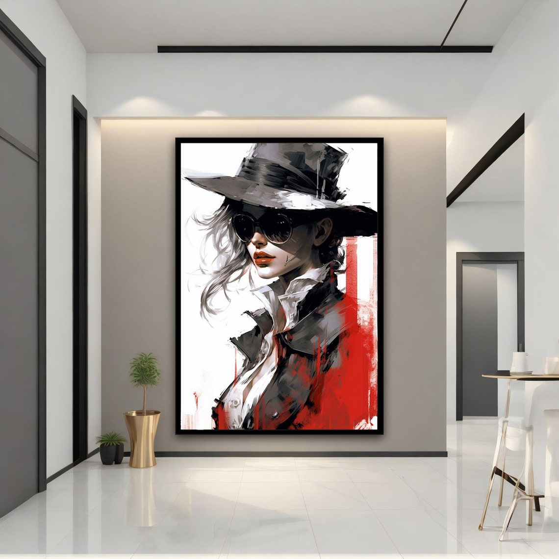 Woman Fedora Sunglasses Red Lips Bold Fashion Illustration Art Poster - Image 3