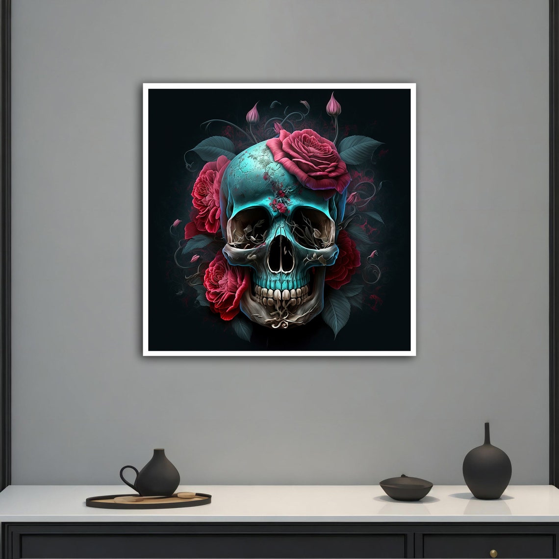 Gothic Skull with Red Roses Dark Floral Macabre Wall Art Poster - Image 5