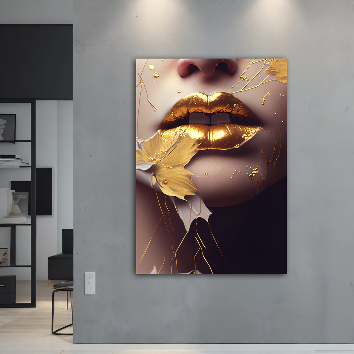 Golden Lips Pop Art Print Gold Leaf Woman Face Glamorous Wall Poster - Image 5
