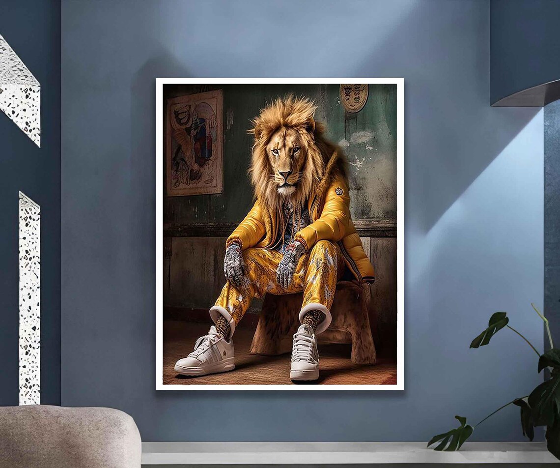 Funny Lion In Yellow Tracksuit Street Style Animal Wall Art Poster - Image 3