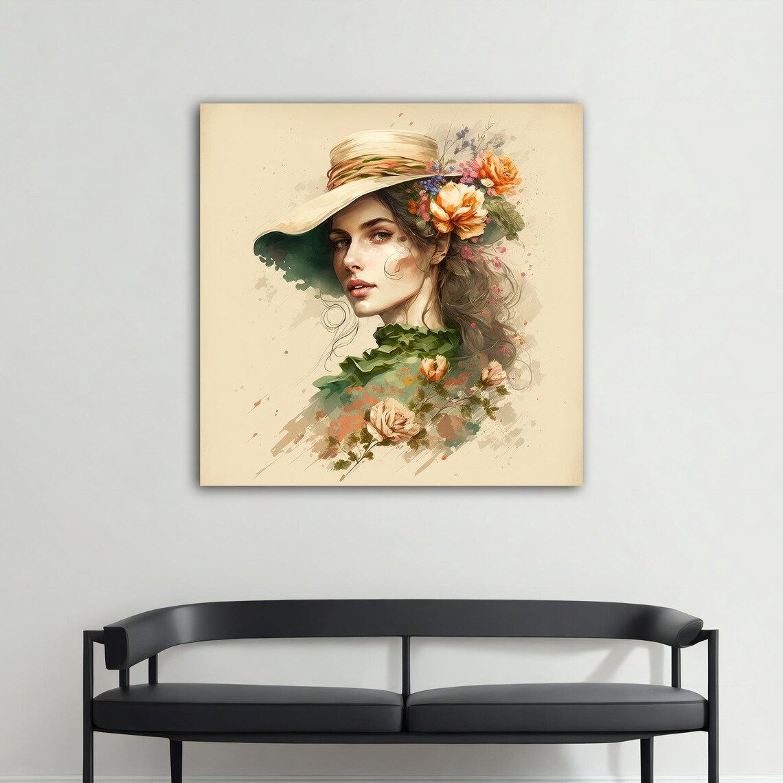 Elegant Woman In Straw Hat With Flowers Watercolor Style Art Poster - Image 4