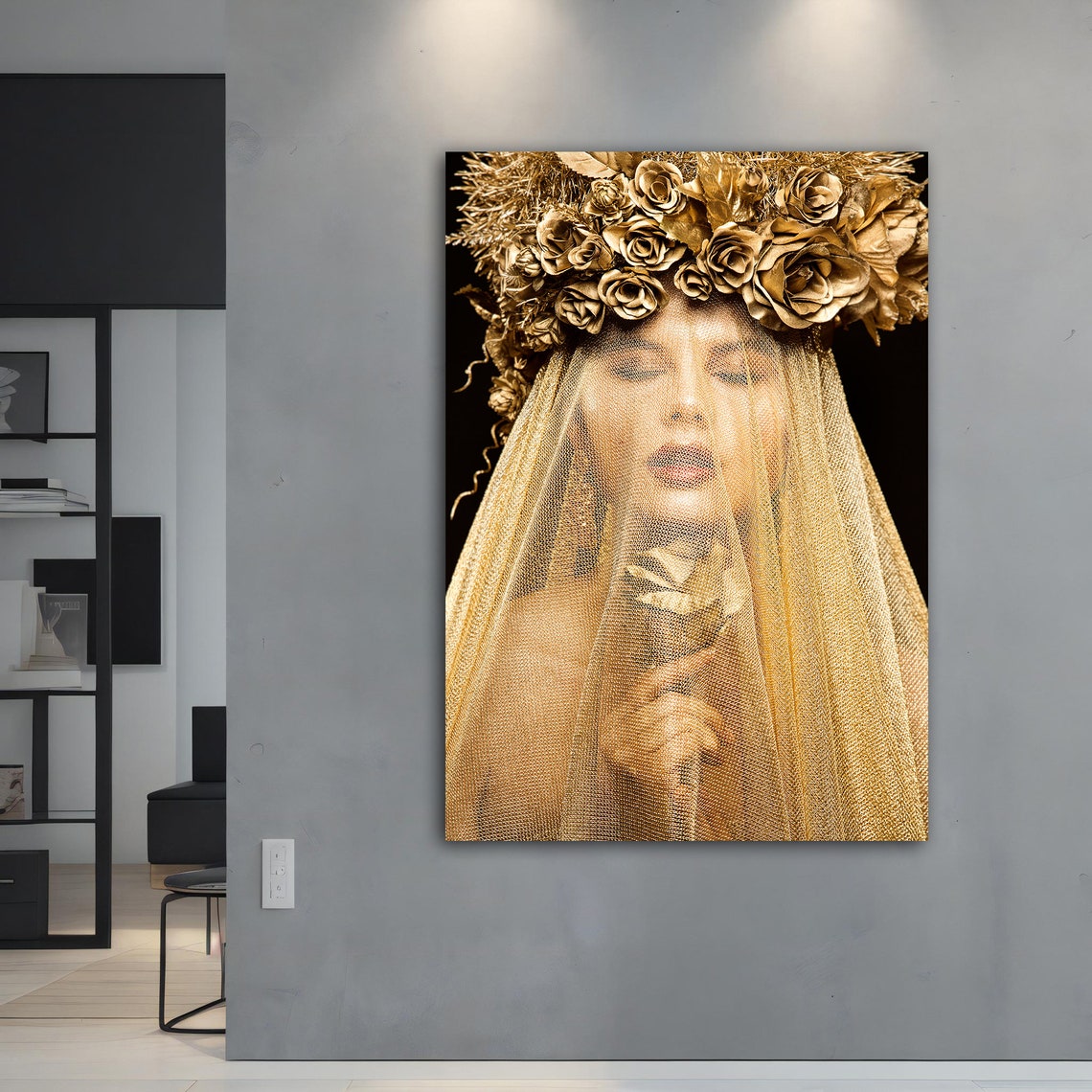 Golden Woman With Rose Crown And Sheer Veil Luxury Art Poster - Image 5