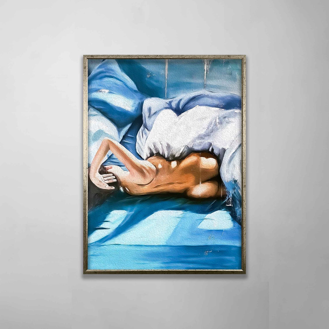 Reclining Nude Woman Blue Sheets Painterly Figurative Art Poster - Image 2