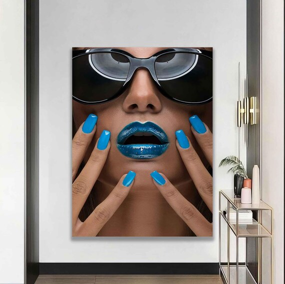 Blue Lips Sunglasses Woman Beauty Close-Up Salon Fashion Photo Art Poster