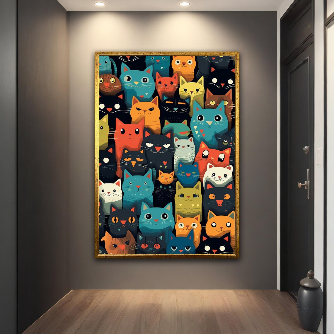 Colorful Cartoon Cat Faces Pattern Fun Whimsical Feline Wall Art Poster - Image 2