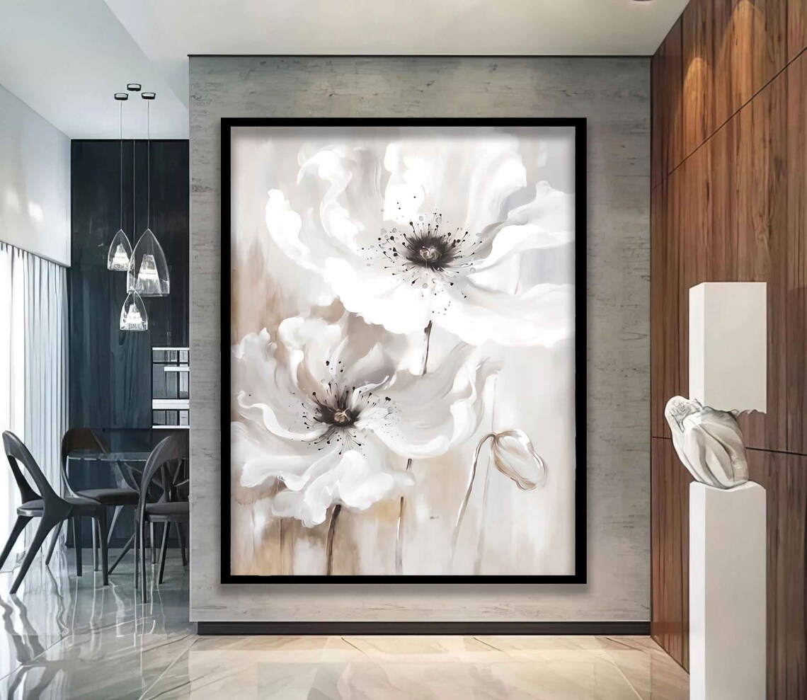 White Poppies Watercolor Flowers On Neutral Beige Art Poster