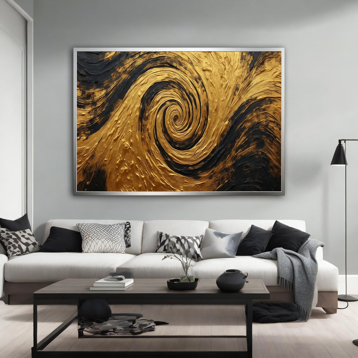 Gold Black Spiral Vortex Abstract Painting Textured Swirl Wall Poster - Image 4