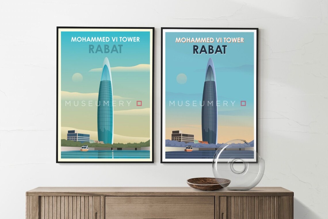 Mohammed VI Tower Rabat Morocco Vintage Travel Poster Teal Sky - Image 2
