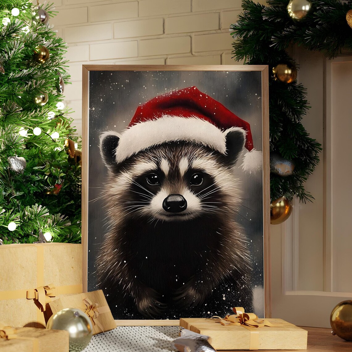 Adorable Raccoon in Santa Hat in the Snow Wildlife Art Poster