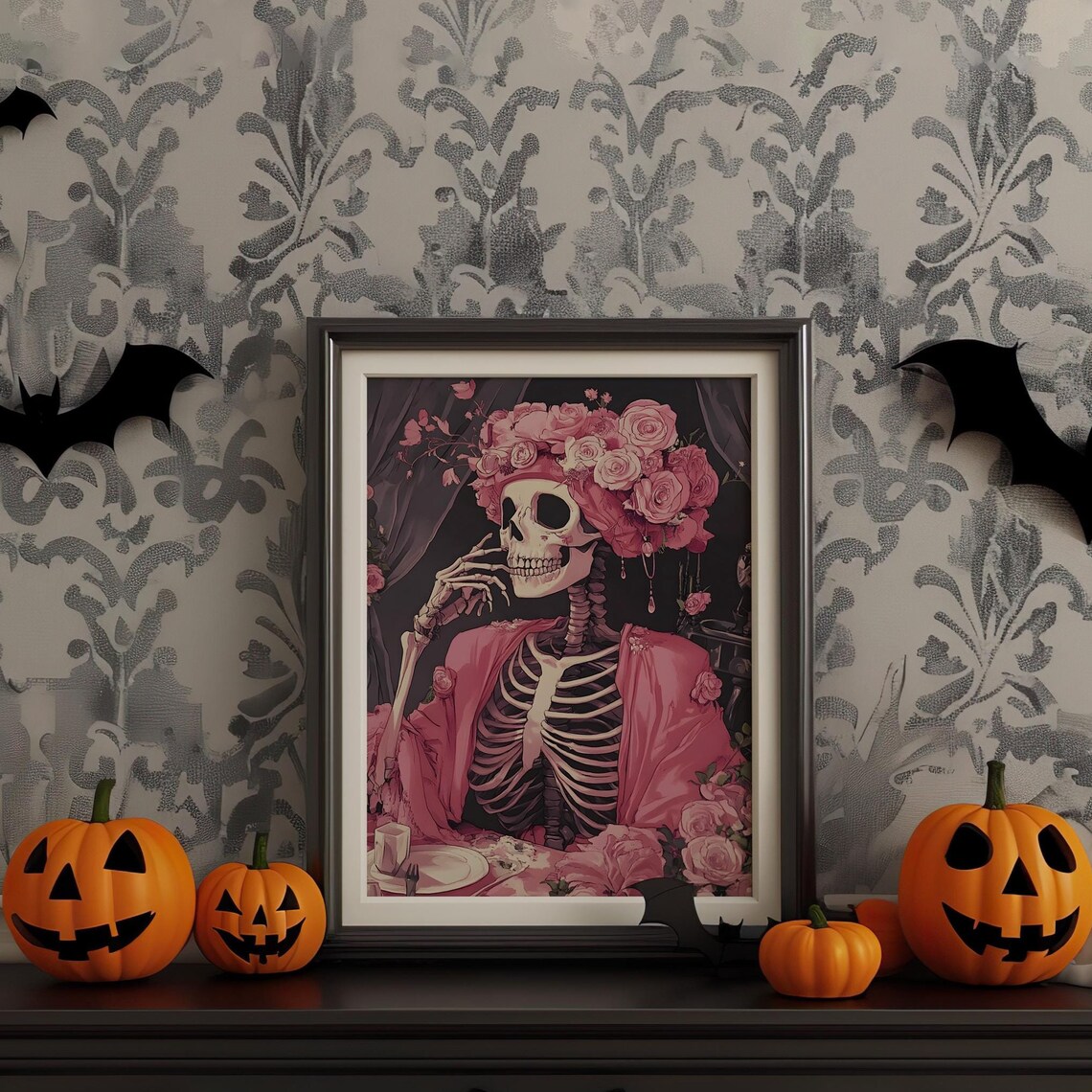 Pink Skeleton Lady Rose Crown Gothic Floral Halloween Art Poster