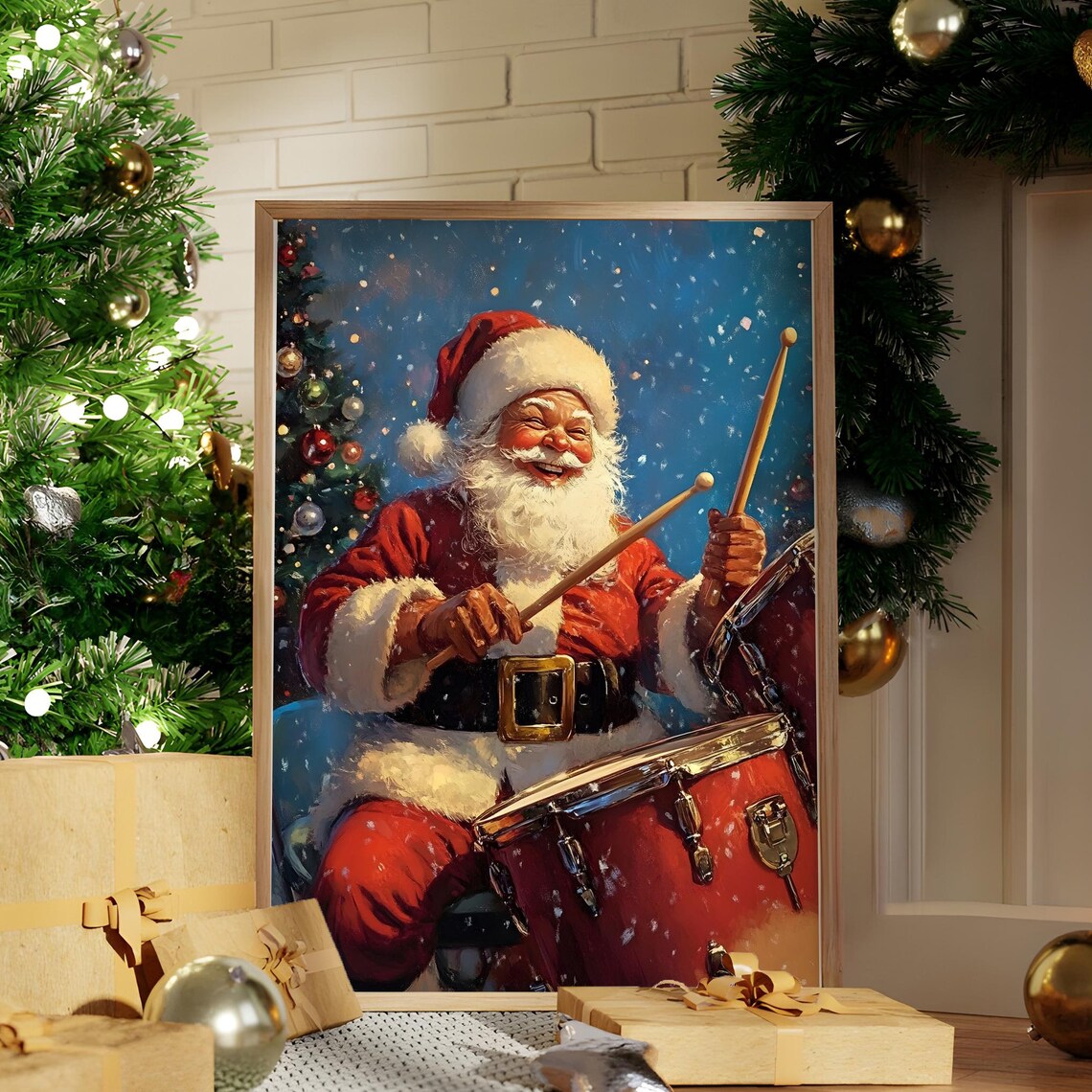 Santa Claus Drummer Playing Red Drums Vintage Christmas Poster