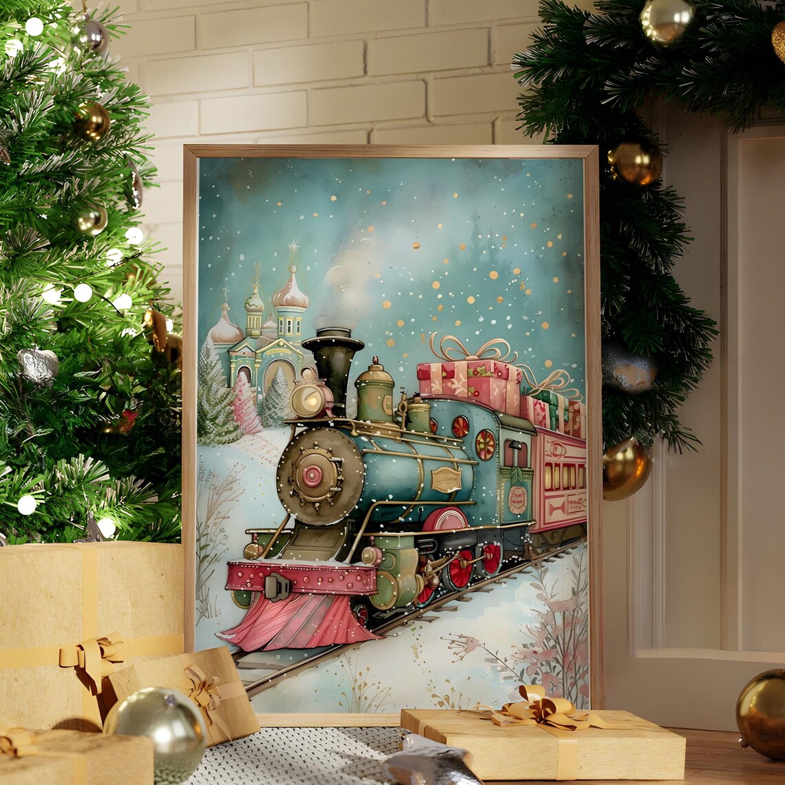 Christmas Train Loaded With Gifts Snowy Storybook Watercolor Poster