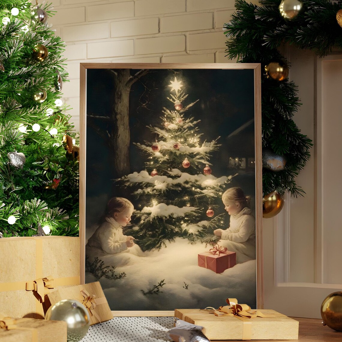 Children by Glowing Christmas Tree in Snow Vintage Art Poster