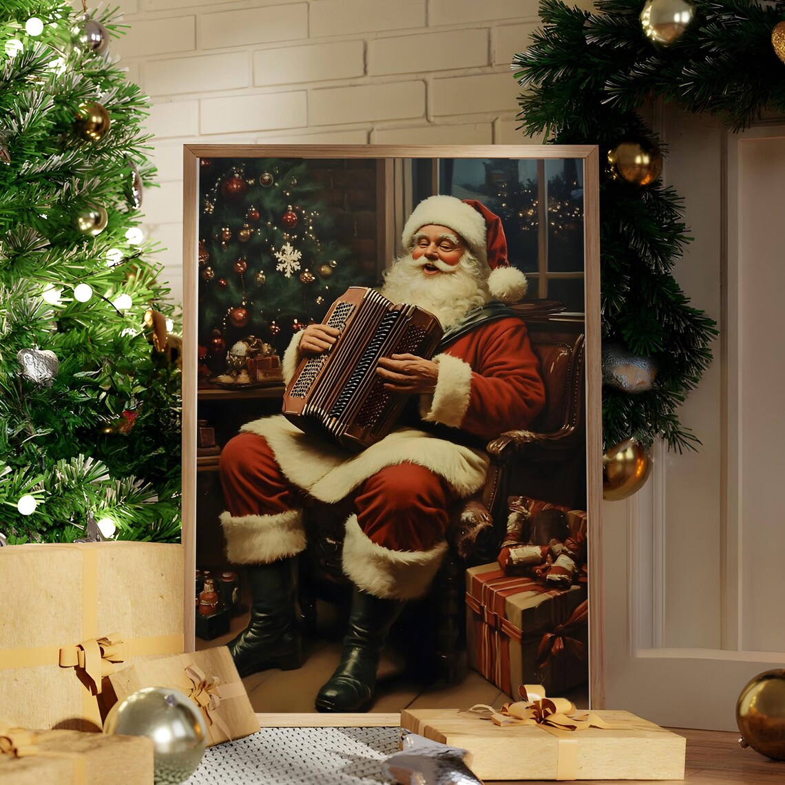 Santa Playing Accordion By The Christmas Tree Festive Music Poster