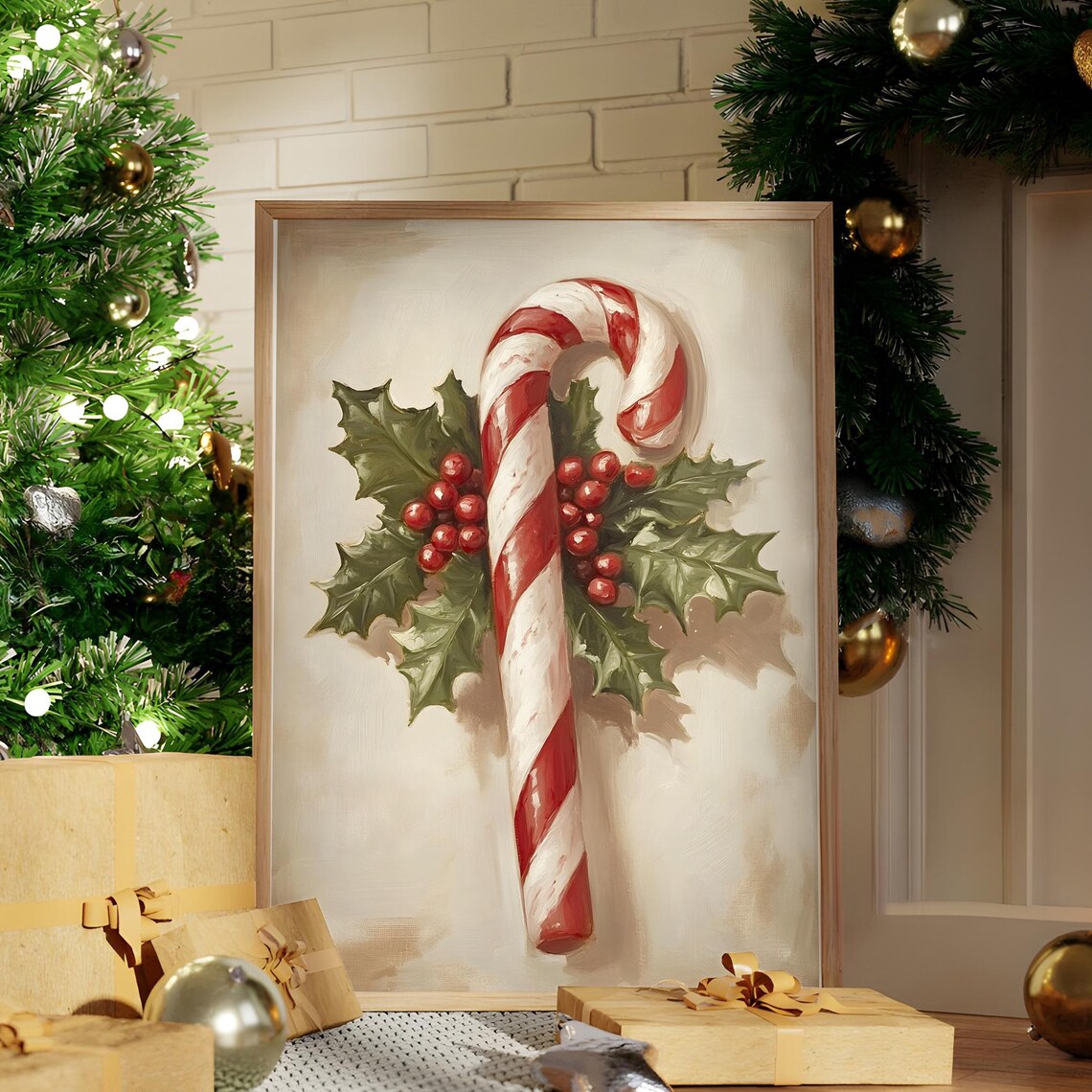 Vintage Candy Cane With Holly and Berries Christmas Art Poster