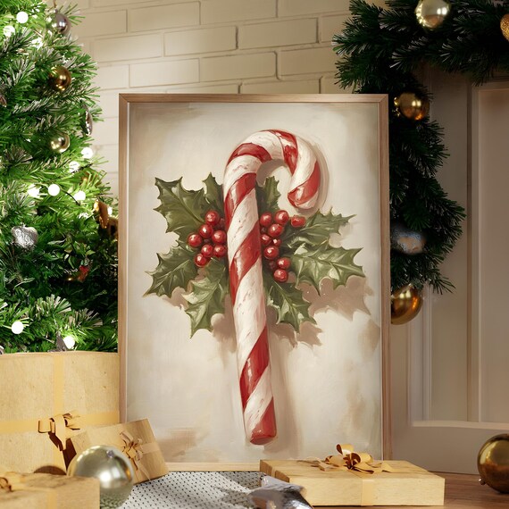 Vintage Candy Cane With Holly and Berries Christmas Art Poster