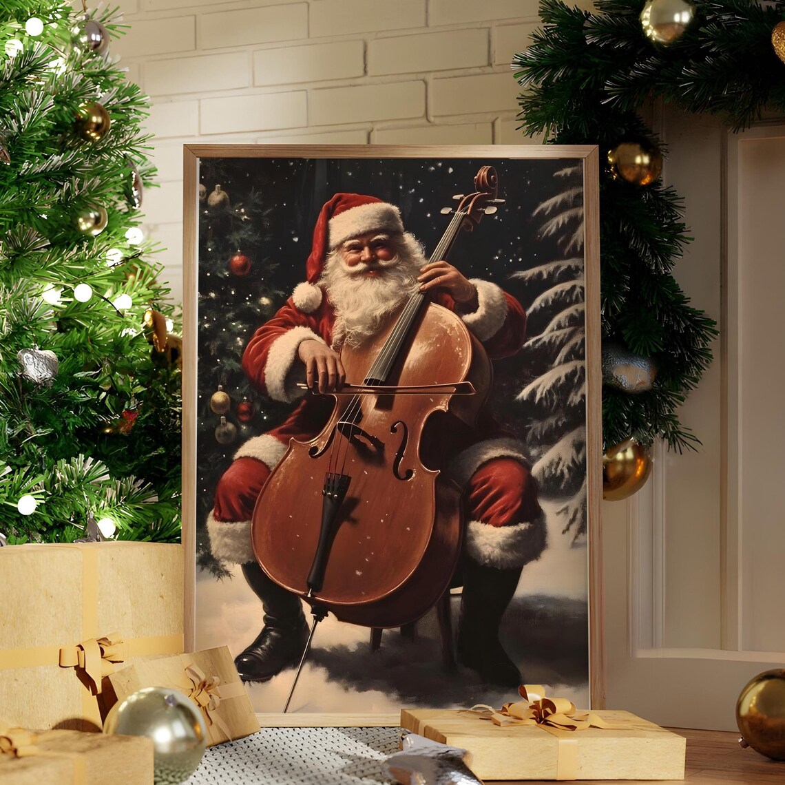 Vintage Santa Claus Playing Cello Snowy Holiday Christmas Wall Art