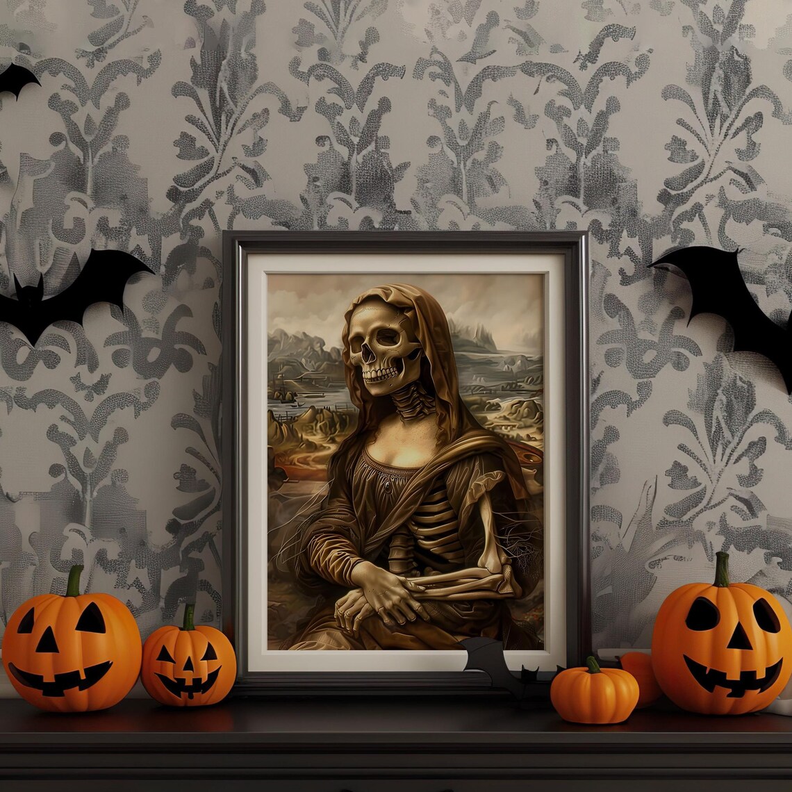 Skeleton Mona Lisa Parody Gothic Dark Academia Halloween Poster