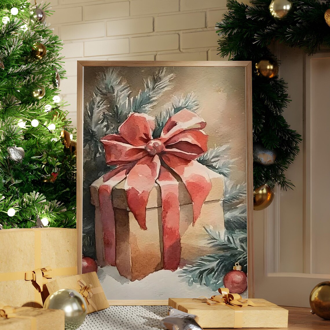 Christmas Gift Box With Big Pink Bow Watercolor Holiday Art Poster
