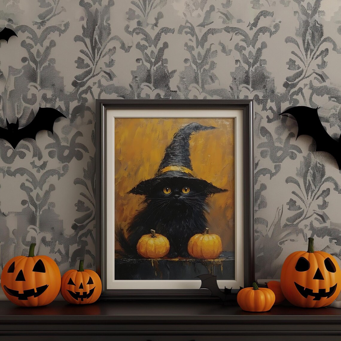 Halloween Black Cat Witch Hat Pumpkins Vintage Oil Painting Poster