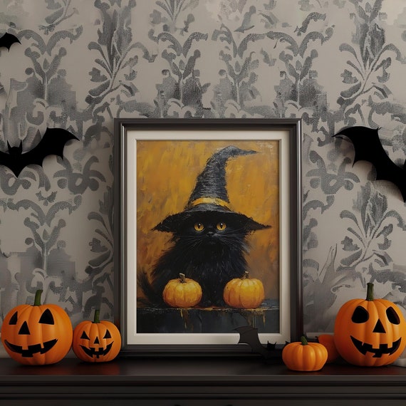 Halloween Cat Vintage Wall Art Dark Academia Decoration Print Retro Decor Trendy Apartment Moody Poster Instant