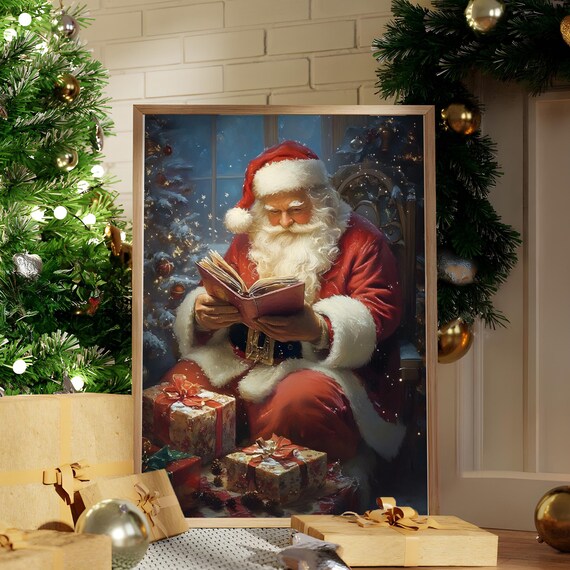 Santa Claus Reading Book by Christmas Tree Night Vintage Art Print