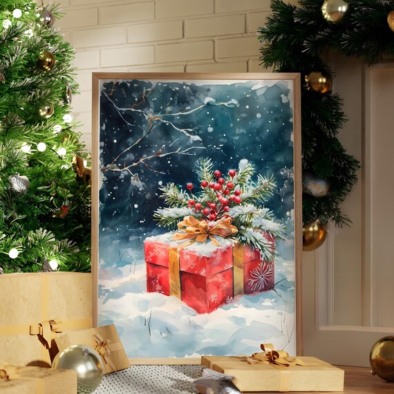 Red Christmas Gift Box In Snow Watercolor Holiday Scene Art Poster