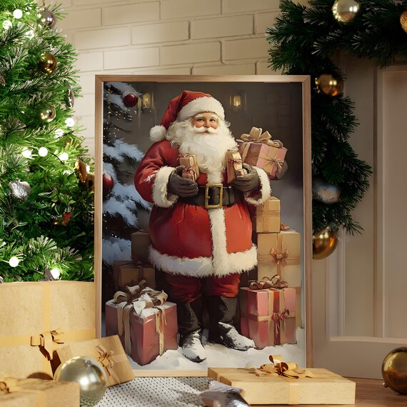 Santa Claus Holding Gifts Surrounded by Presents Christmas Poster
